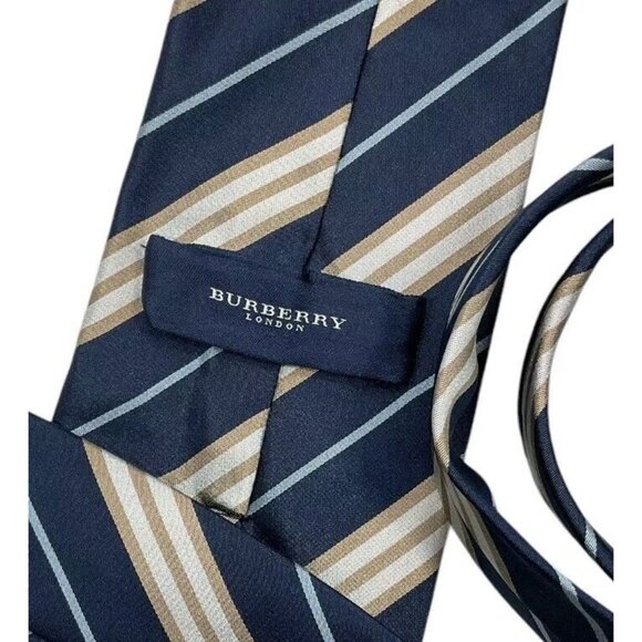 BURBERRY Men's 100% Silk Necktie LUXURY Tie Navy Striped W:3.8" EUC - Picture 2 of 5